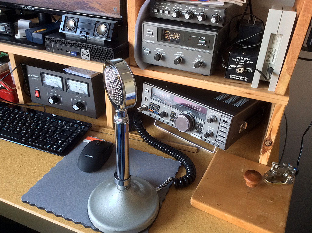 Radio Room with Kenwood TS-680s AT-250 Auto Antenna Tuner D-104 microphone Astron VS20 Power Supply