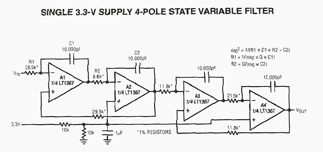 Figure 1066 : Single 3.3V Supply 4 Pole State Variable Filter Single 3.3V Supply 4 Pole State Variable Filter