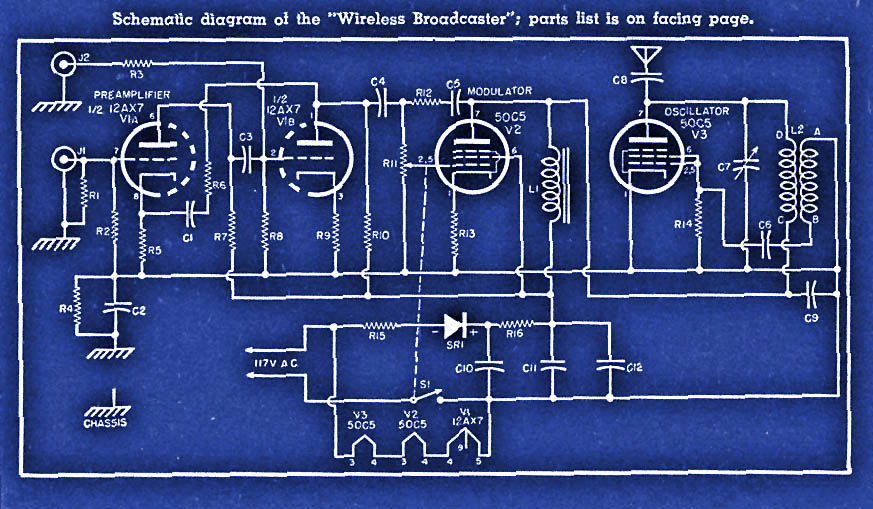 Schematic of the transmitter. OH NO! Chassis connected to power line through R4 and C2.